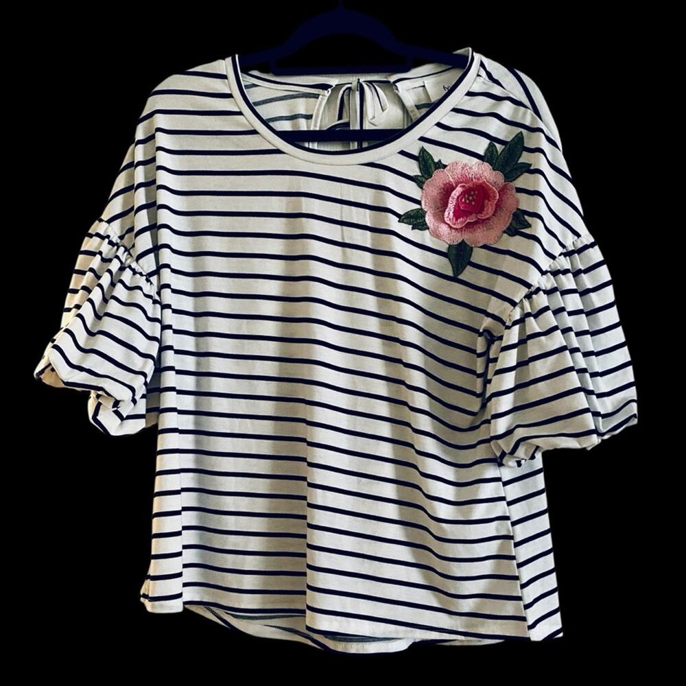 Elegant Striped Blouse with Floral Accent